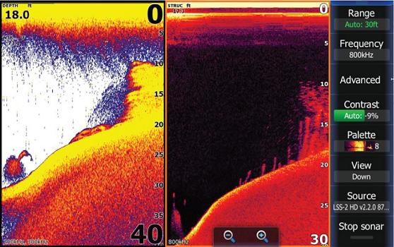 Прорисовка подводного пространства с помощью Broadband Sounder (слева) и DownScan Imaging (справа), где отчетливо виден судак, косяк мелкой рыбы и полоса донных зарослей.